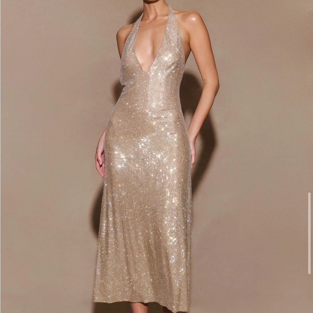 Mekhi Genie Diamante Halter Midi dress - Nude NWT